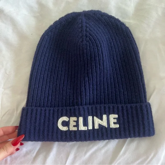 Celine | Accessories | Celine Wool Navy Blue White Logo Beanie New